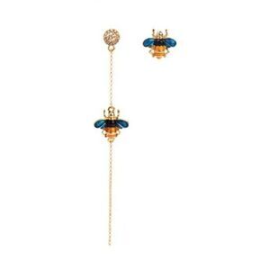 Blue Enamel Glaze Mismatch Crystal Bee Asymmetrical Gold Statement Drop Earrings